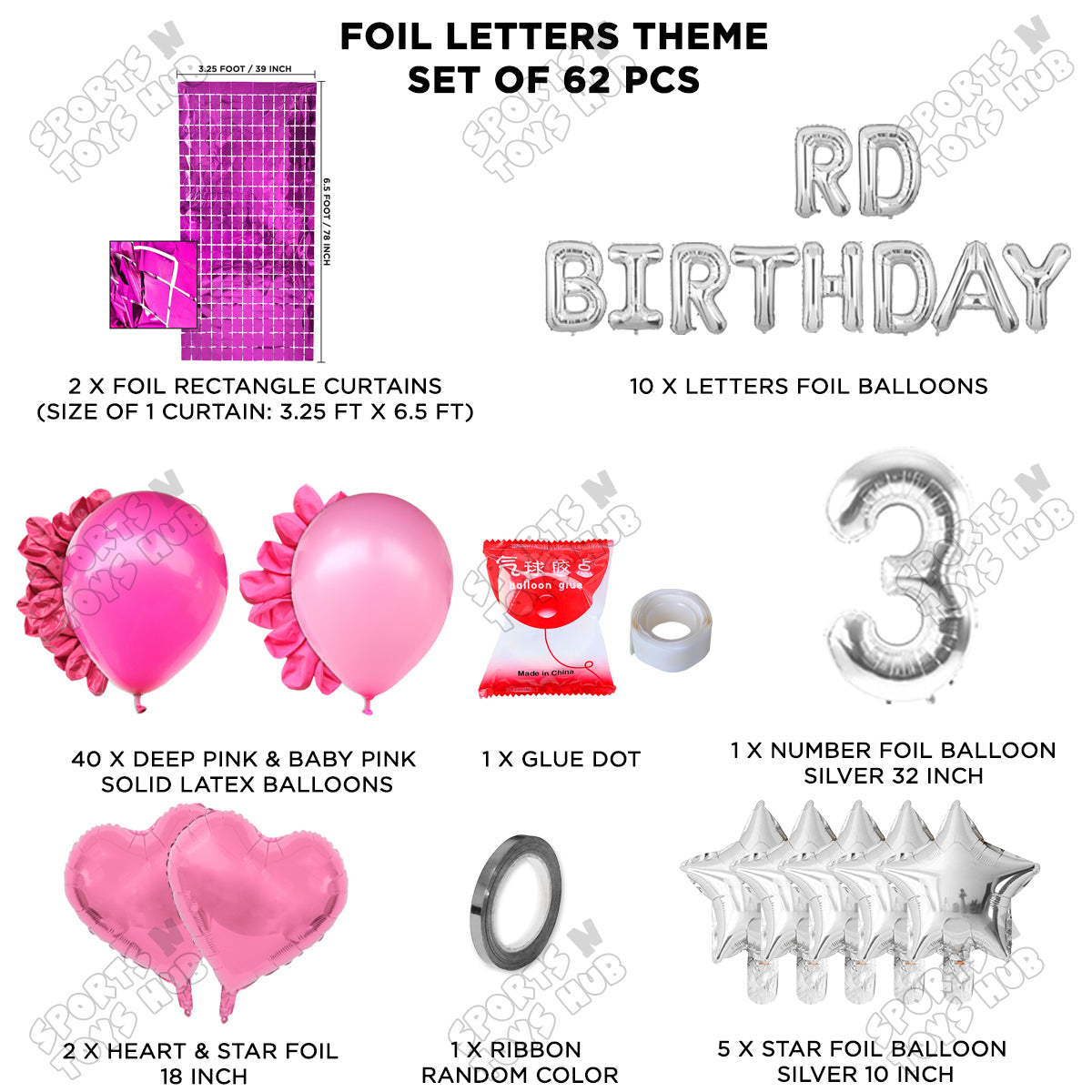 3RD Birthday Foil Letter Theme With Rectangle Curtain