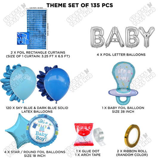 Pacifier Foil Balloon Set With Baby Foil Letter Arch Dark Blue & Sky Blue Color Latex Theme - Pack Of 135