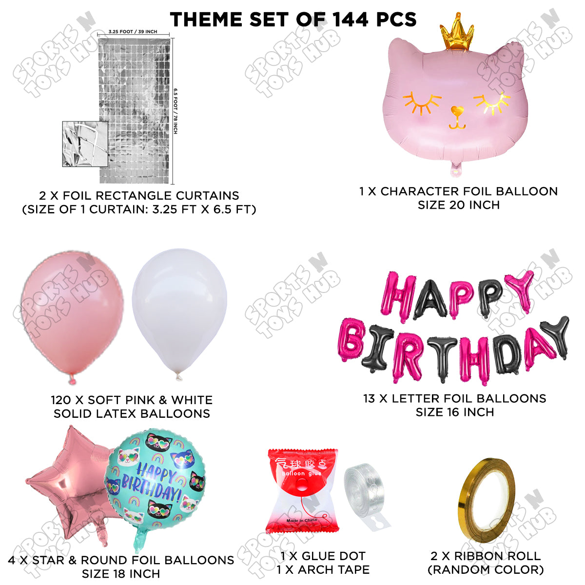 Cartoon Crown Pink Kitten Cat Foil Balloon Set With Happy Birthday Foil Letter Arch Theme