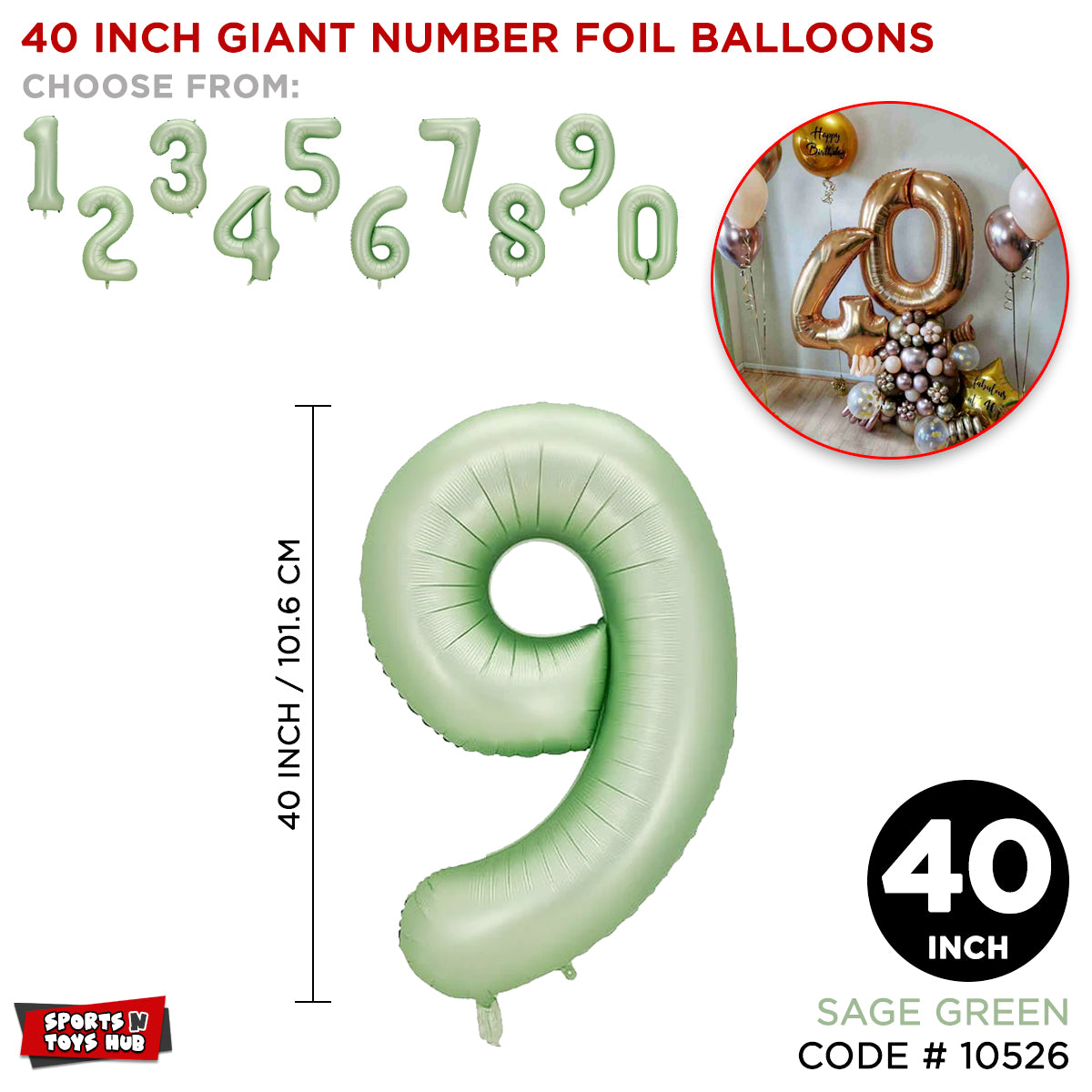 40 Inch Sage Green Number Foil Balloon Collection