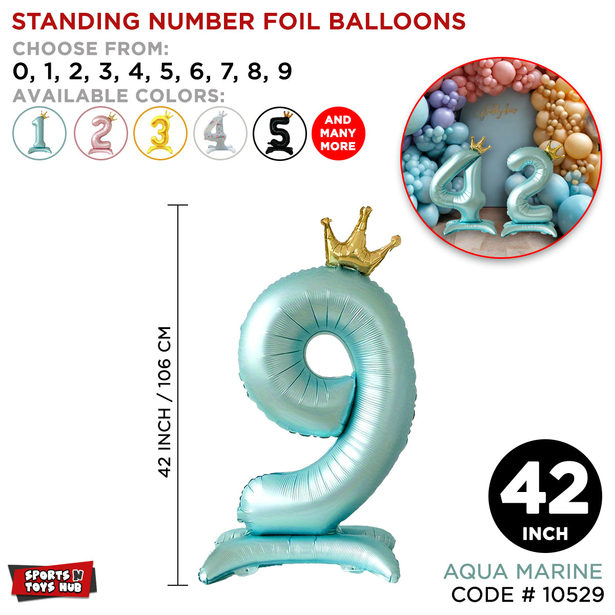 42 Inch Aqua Marine Crown Number Foil Balloon Collection