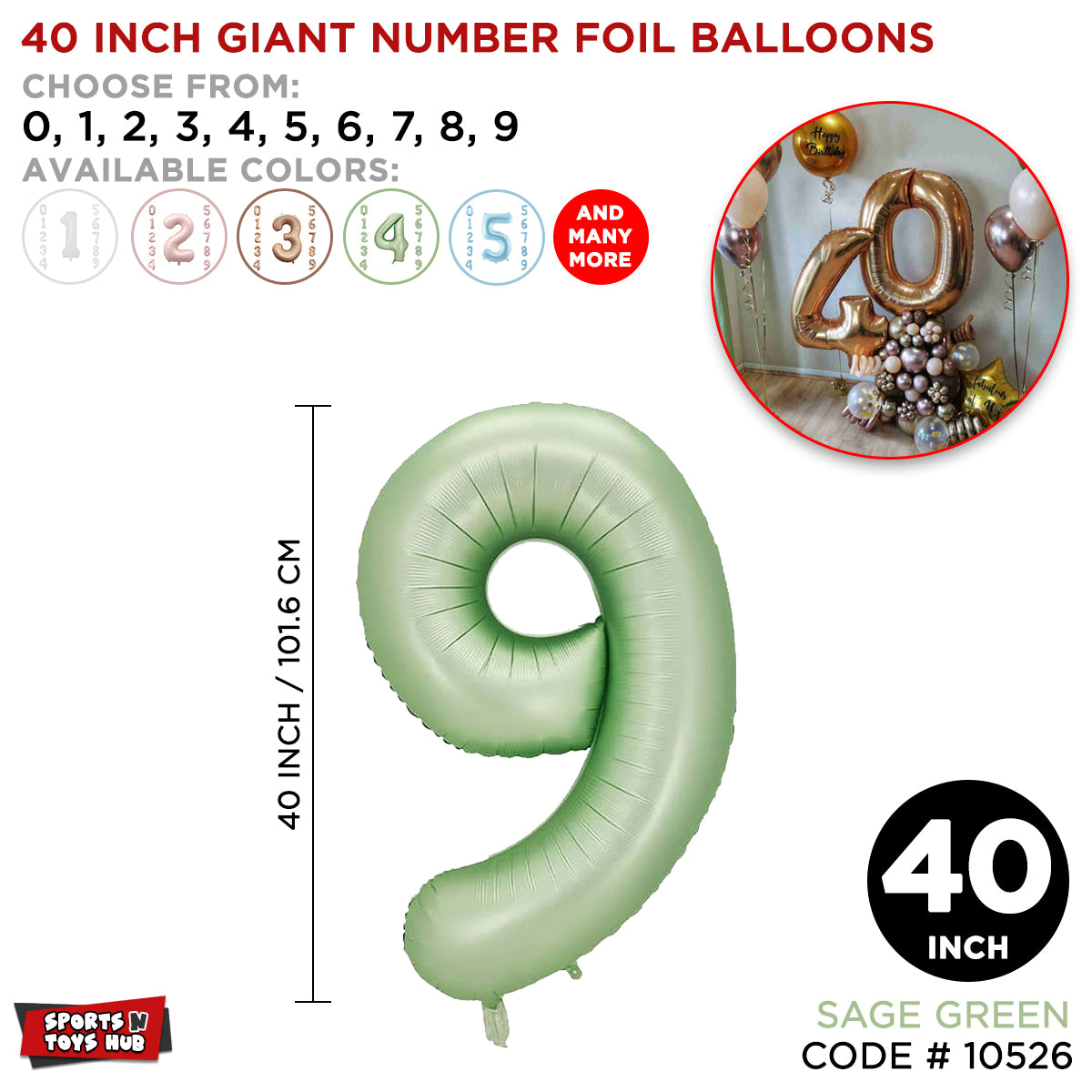 40 Inch Sage Green Number Foil Balloon Collection