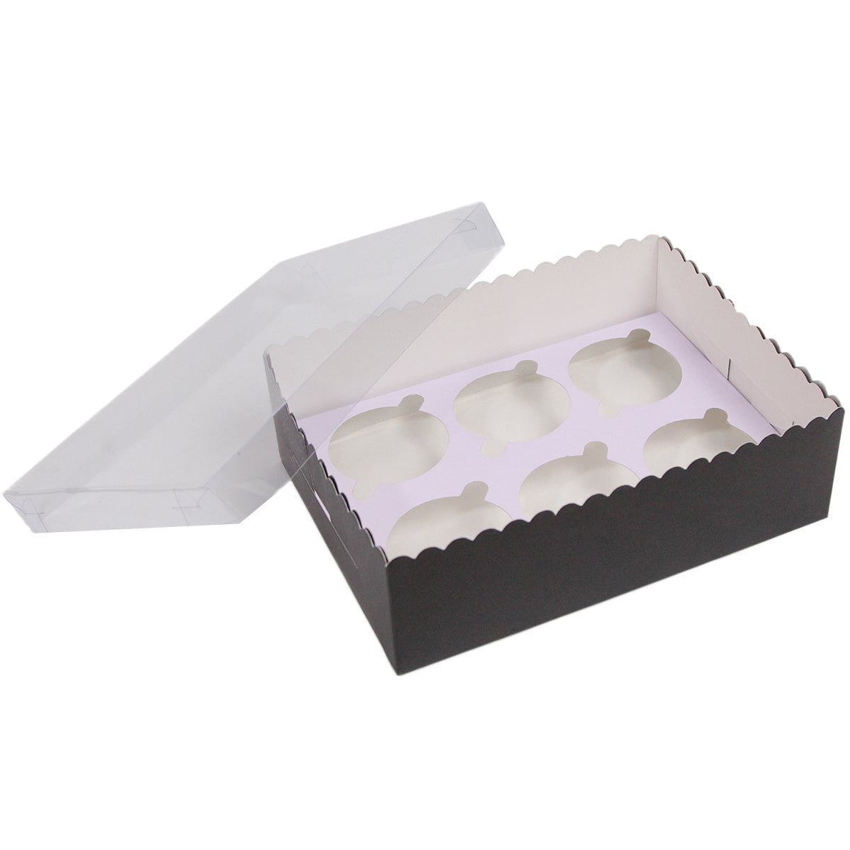 Wavy Edge Clear Lid Box With 6 Regular Cup Cake Tray 6x9x3 Inch - Pack Of 10