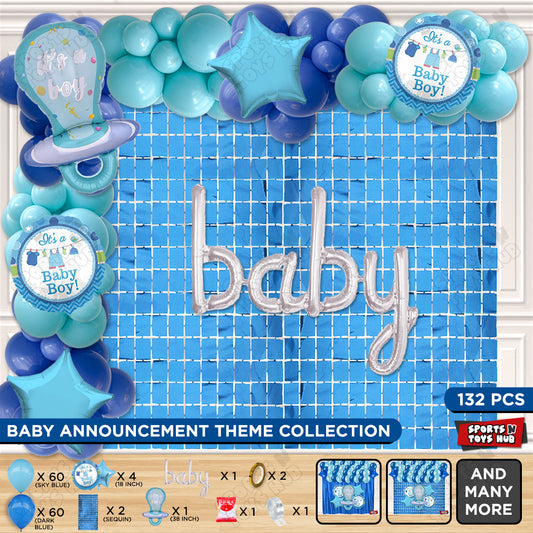 Pacifier Foil Balloon Set With Baby Cursive Foil Letter Dark Blue & Sky Blue Latex Balloon Arch Theme - Pack Of 132