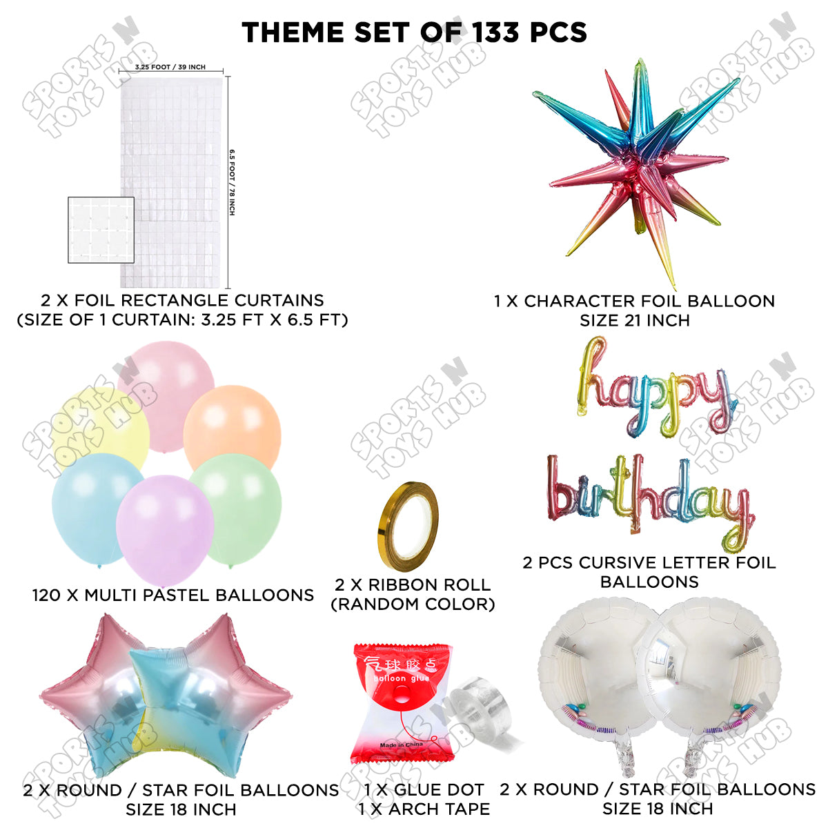 Brust Star Multi Color Foil Balloon Set With Happy Birthday Cursive Foil Letter Balloon Arch Theme