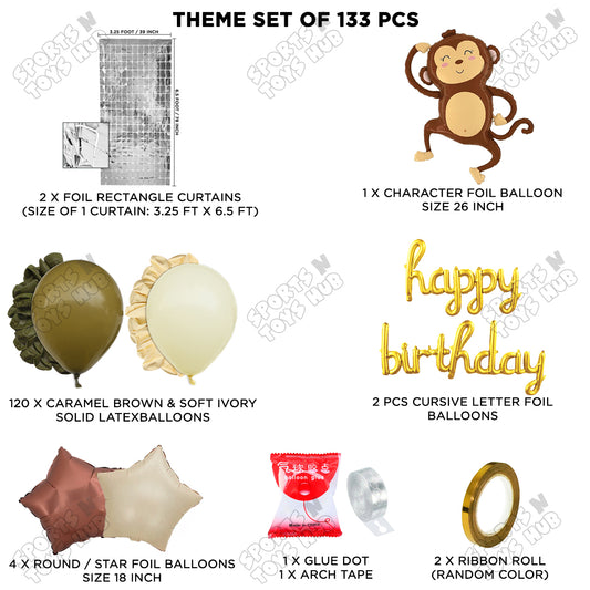 Jungle Safari Monkey Foil Balloon Set With Happy Birthday Cursive Foil Letter Arch Theme
