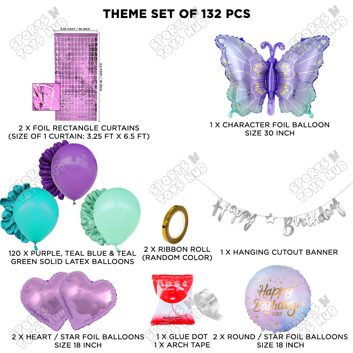 Gradient Blue & Purple Color Butterfly Foil Balloon Set With Happy Birthday Cursive Banner Arch Theme - Pack Of 132