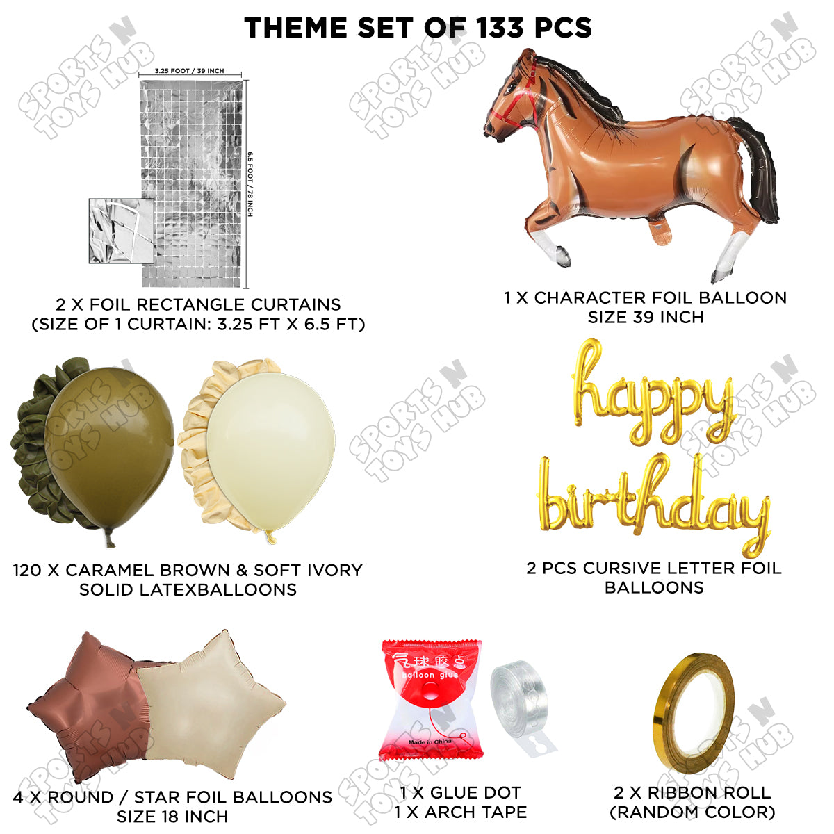 Cartoon Brown Horse Theme Foil Balloon Set with Happy Birthday Cursive Foil Letter Arch Theme