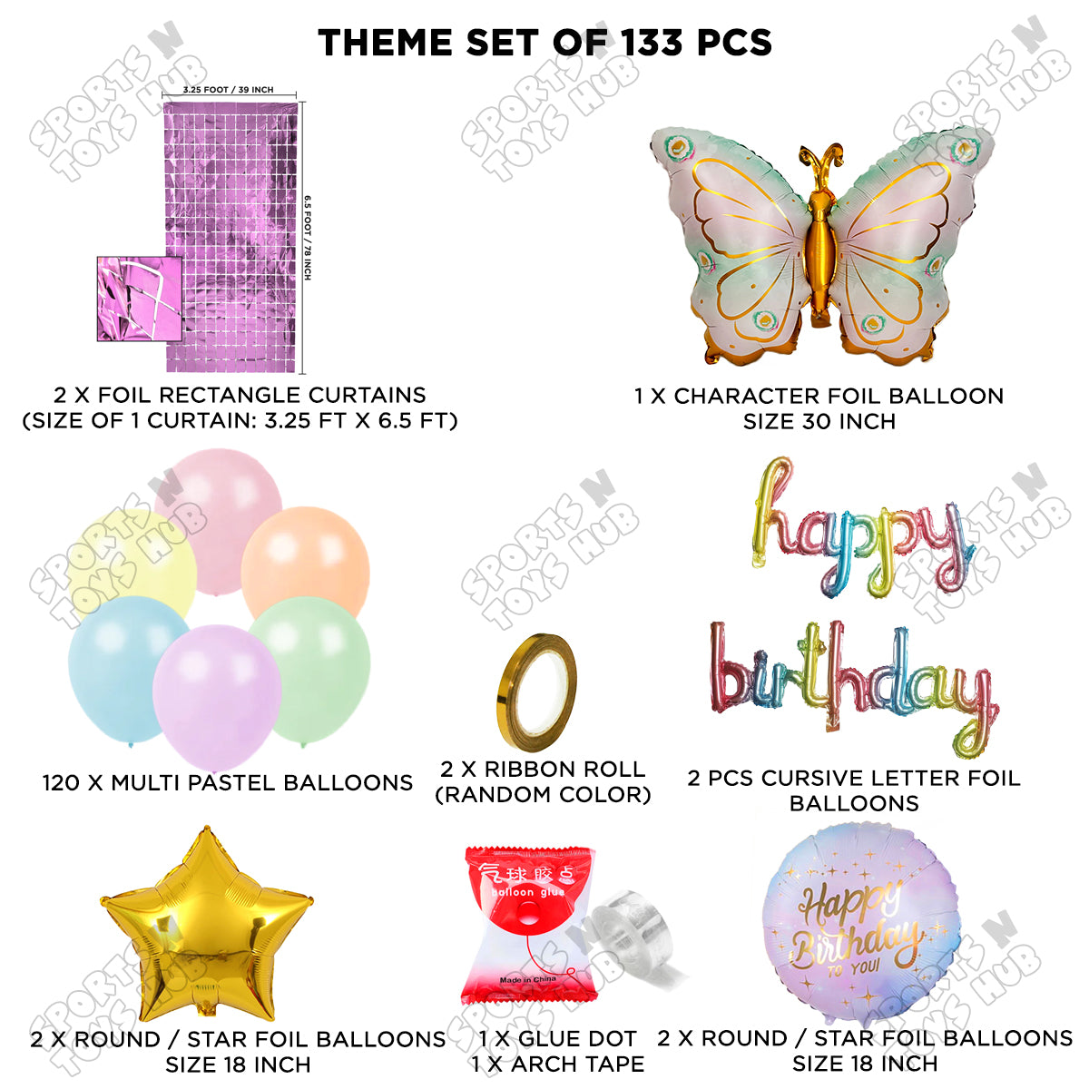 Butterfly Foil Wing Pattern Balloon With Happy Birthday Cursive Foil Letter Arch Theme - Pack Of 133