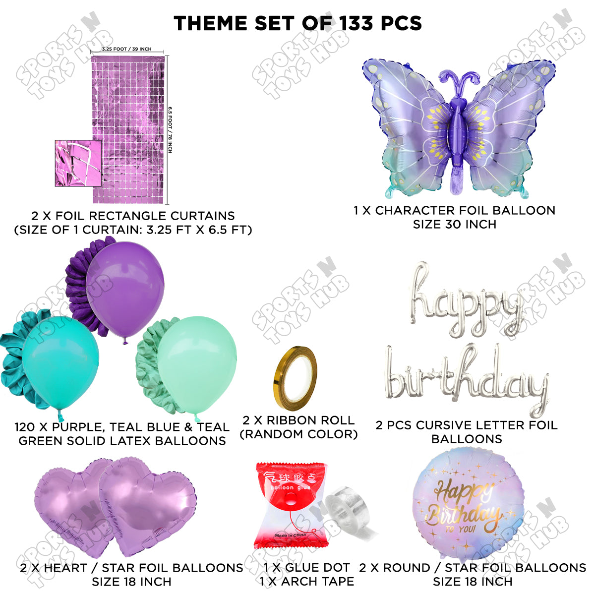 Gradient Blue & Purple Color Butterfly Foil Balloon With Happy Birthday Cursive Foil Letter Arch Theme - Pack Of 133