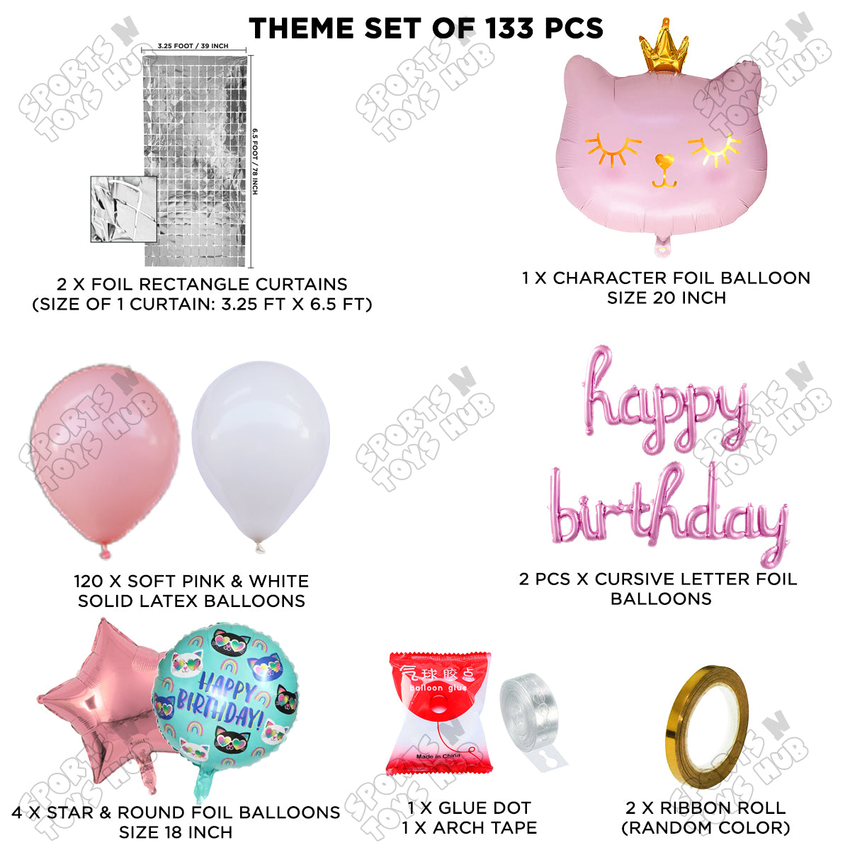 Cartoon Crown Pink Kitten Cat Foil Balloon Set With Happy Birthday Cursive Foil Letter Arch Theme