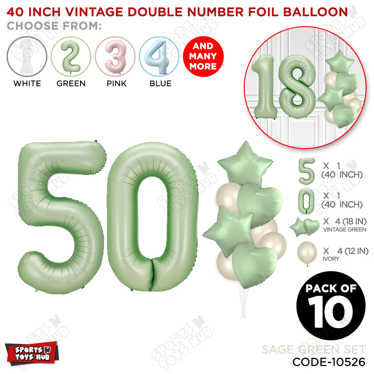 Sage Green Color 40 Inch Number Foil Balloon Set