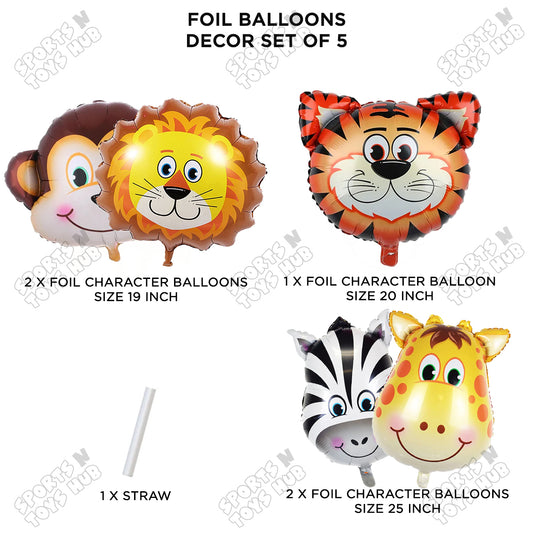 Jungle Safari Animal Character Pack Of 5 Foil Balloon Set