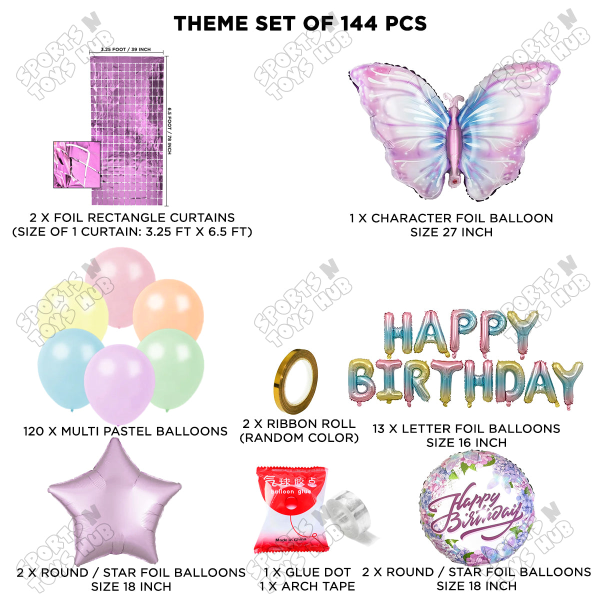 Butterfly Foil Balloon With Happy Birthday Foil Letter Arch Theme - Pack Of 144