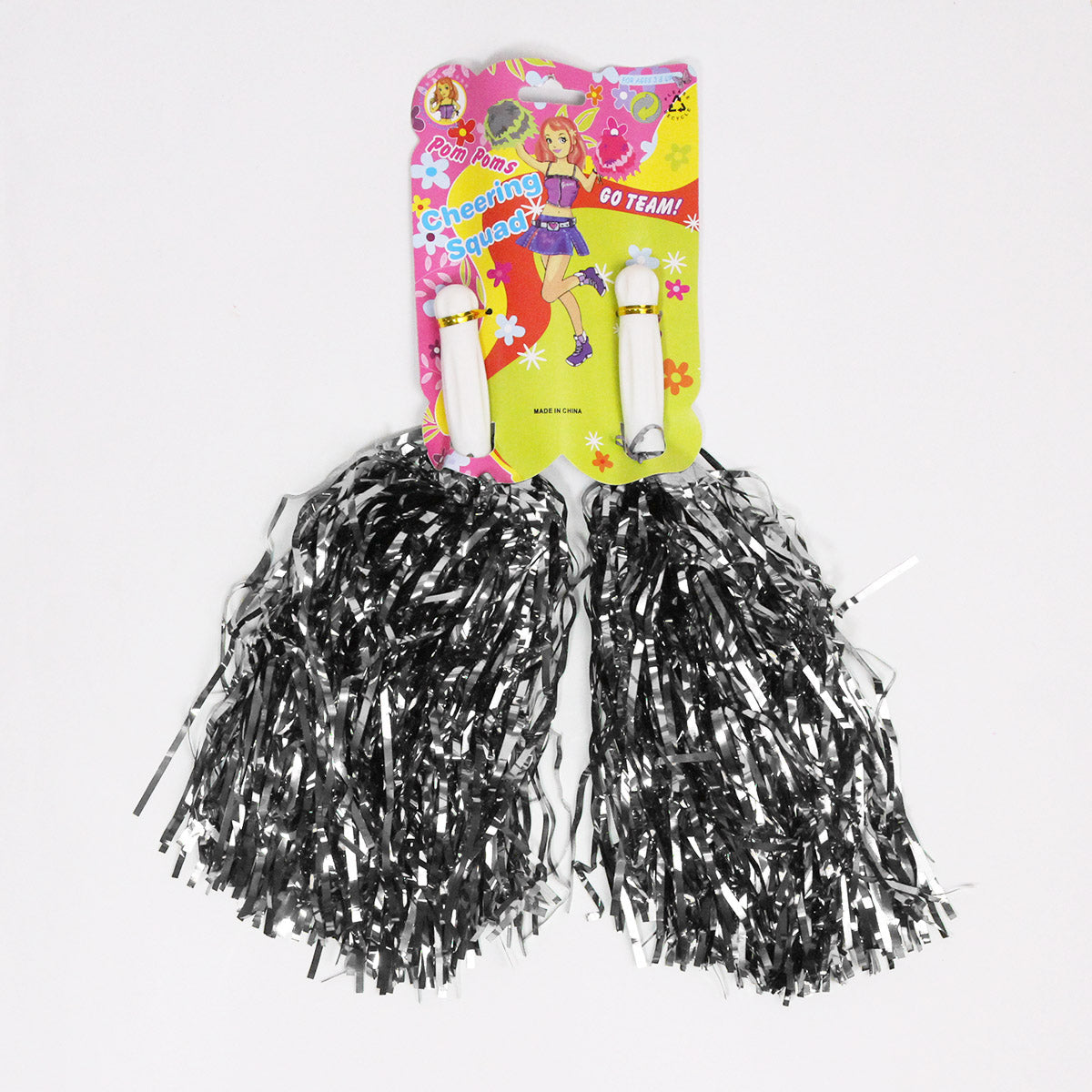 Cheerleader's Tinsel Foil Pompoms with Plastic Grip Handles