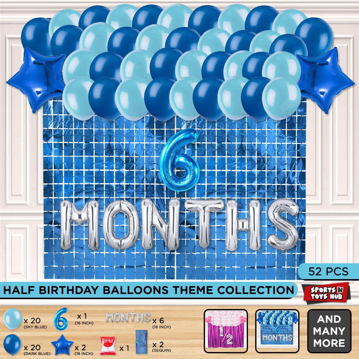 Half Birthday Foil Letter Theme With Rectangle Curtain - Blue