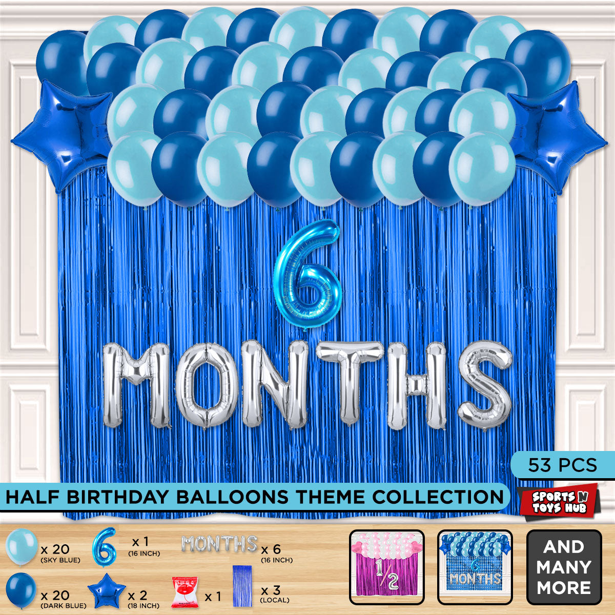 Half Birthday Foil Letter Theme With Curtain - Blue