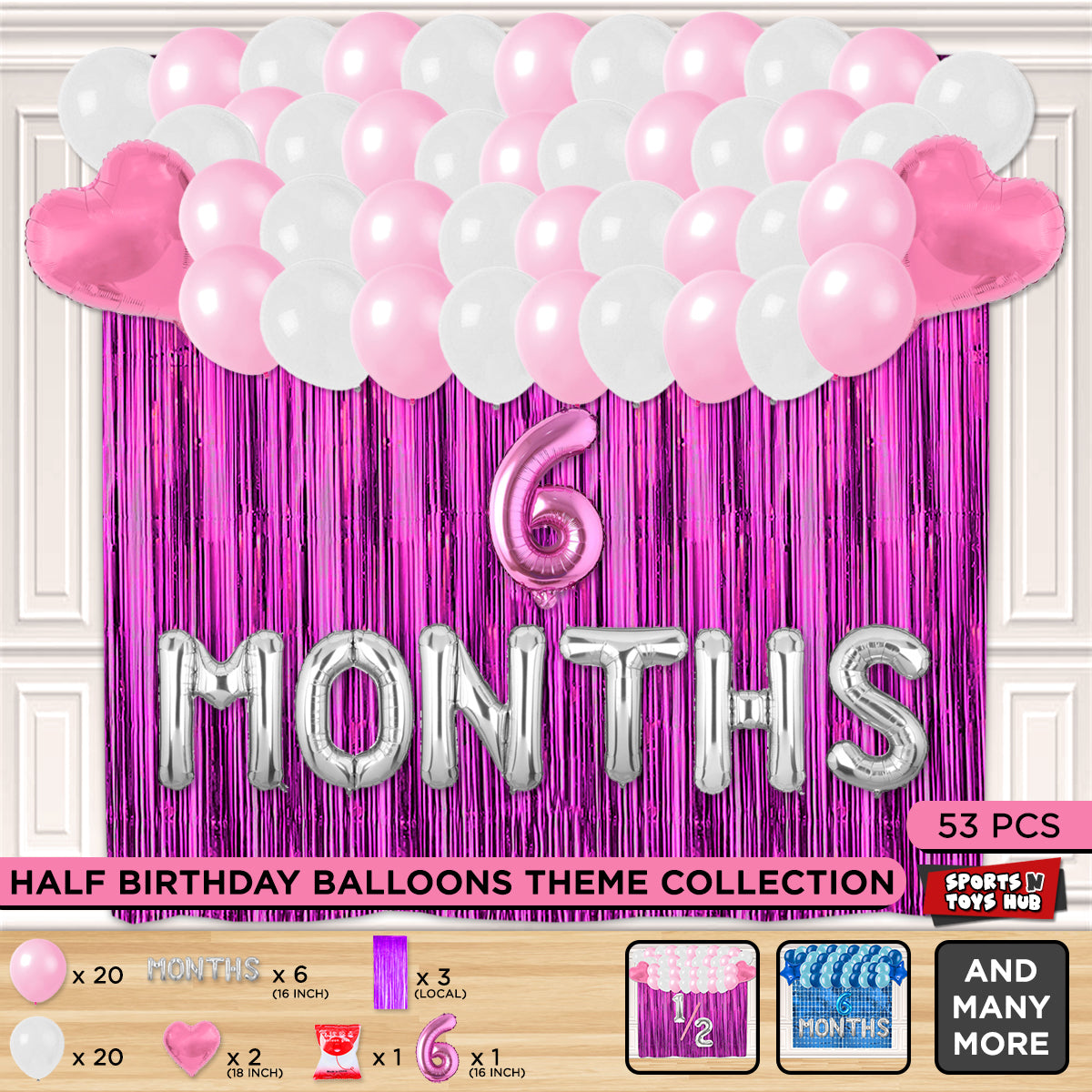 Half Birthday Foil Letter Theme With Curtain - Pink