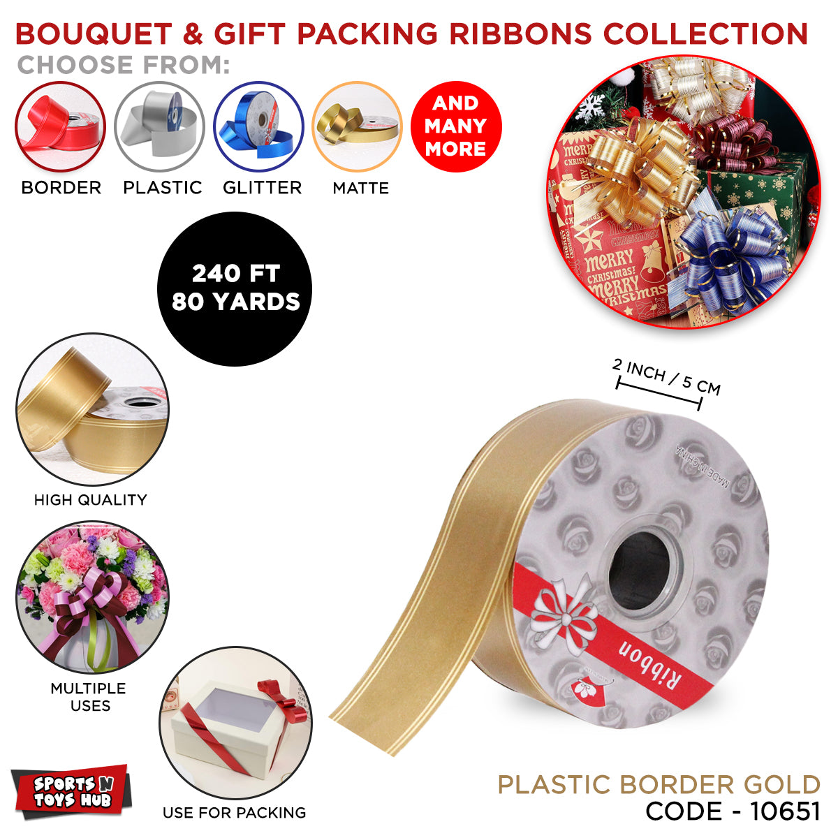 2 Inch x 80 Yards – Matte Finish Curling Ribbon with Pin Line Border Edge for Bouquet Wrapping