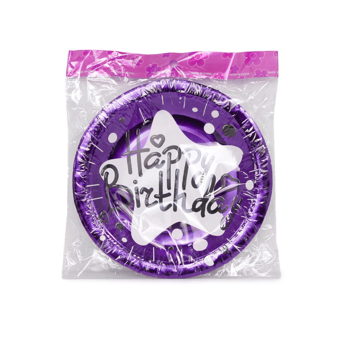 Purple Shinny Happy Birthday Printed Plates & Glasses - 10 Pcs
