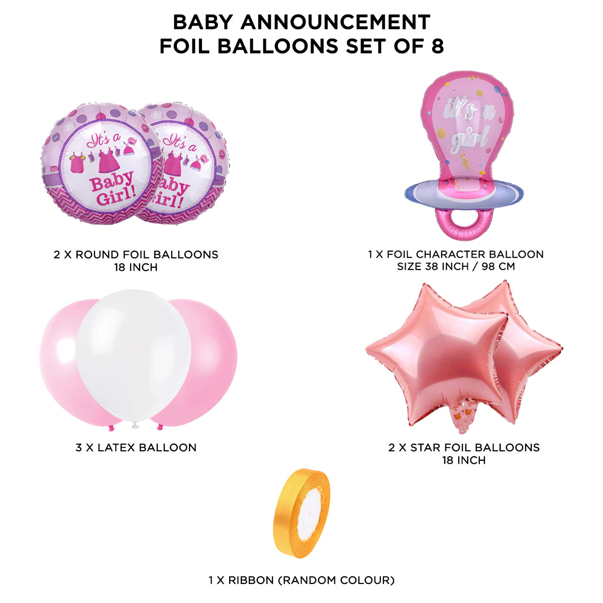 Baby Girl Pacifier Foil Balloon Set - 8 Pcs