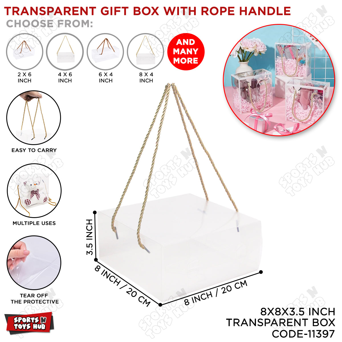 8x8x3.5 Inch Transparent PVC Plastic Sheet Box With Rope Handle - 1 Pc