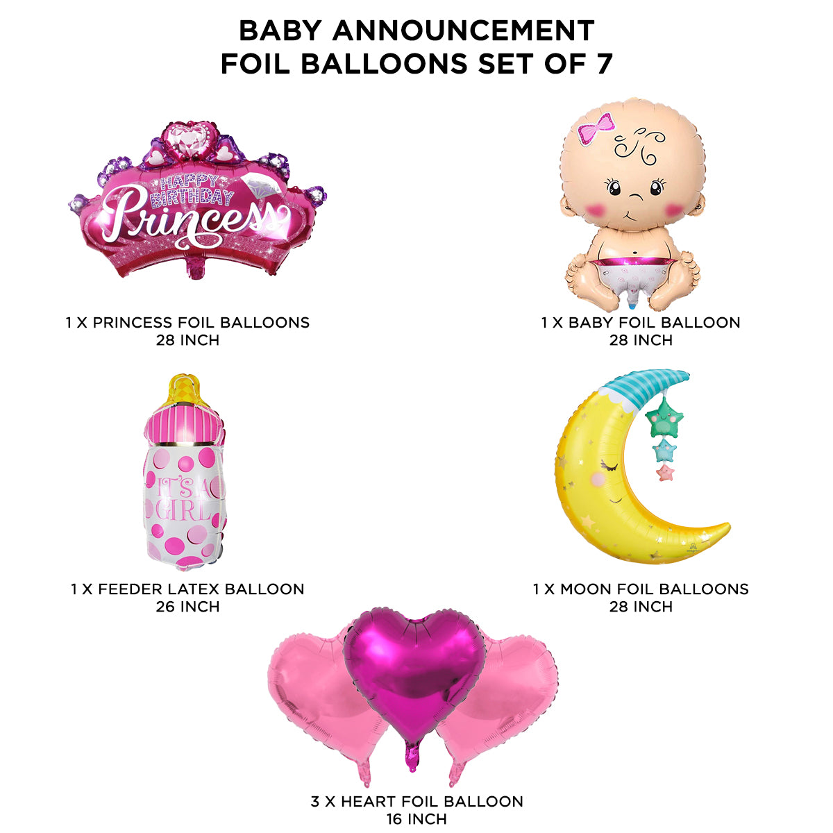 Baby Girl Foil Balloon Set - 7 Pcs