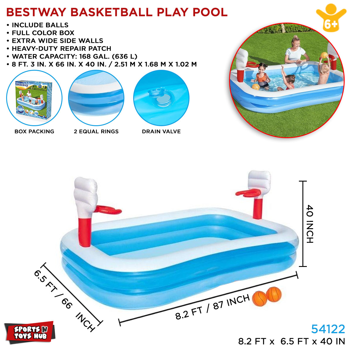 Bestway 8.2 FT x 6.5 FT x 40 IN Basket Ball Pool - 54122