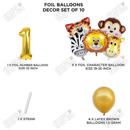 Jungle Safari Animal Character Pack Of 10 Foil Balloon Set