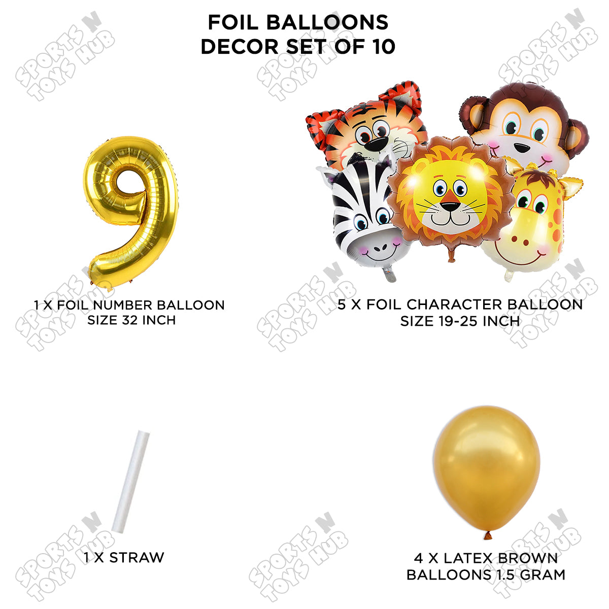 Jungle Safari Animal Character Pack Of 10 Foil Balloon Set