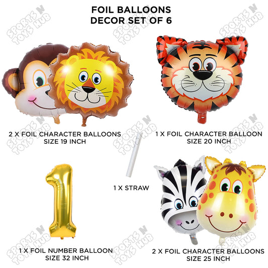 Jungle Safari Animal Character Pack Of 6 Foil Balloon Set