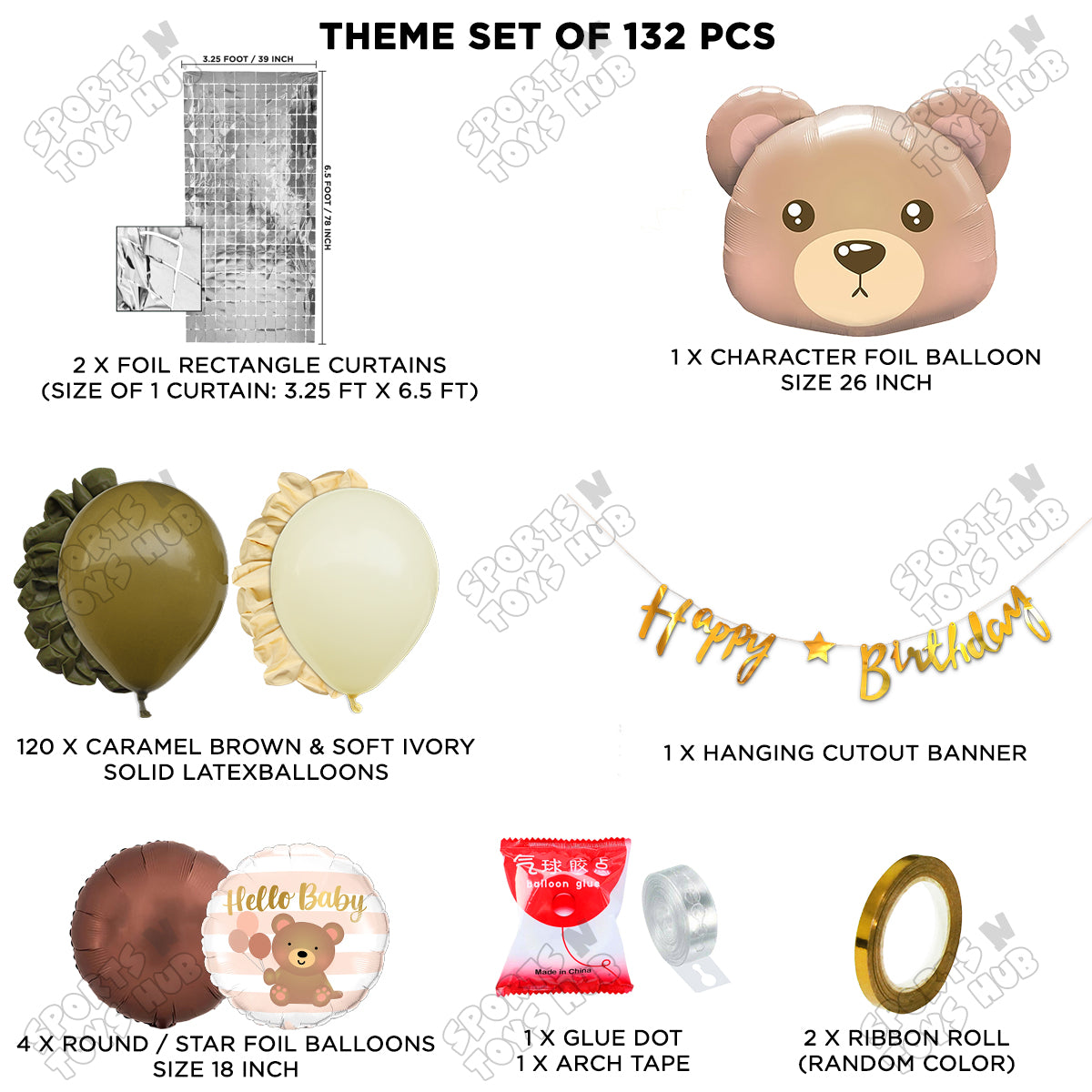 Bear Face Foil Balloon Set With Happy Birthday Cursive Card Banner Arch Theme