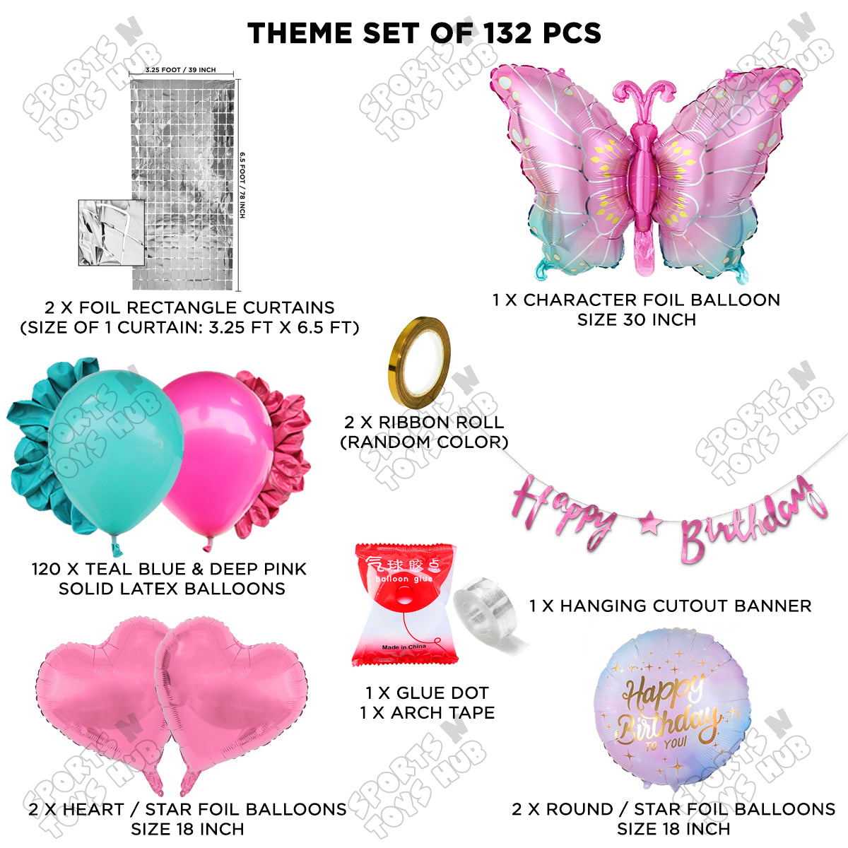 Gradient Blue & Pink Color Butterfly Foil Balloon Set With Happy Birthday Cursive Banner Arch Theme - Pack Of 132