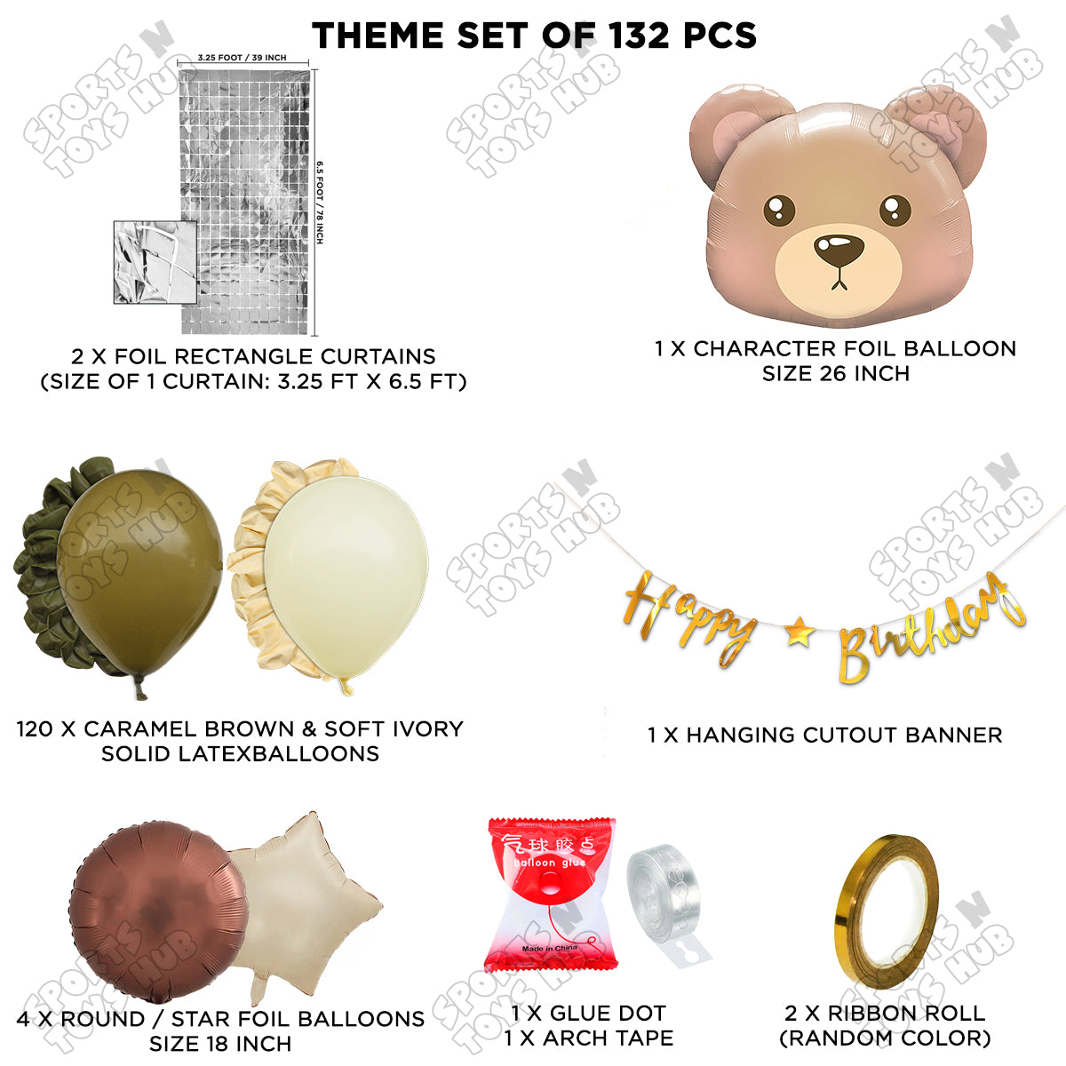 Bear Face Animal Character Foil Balloon Set With Happy Birthday Cursive Card Banner Arch Theme