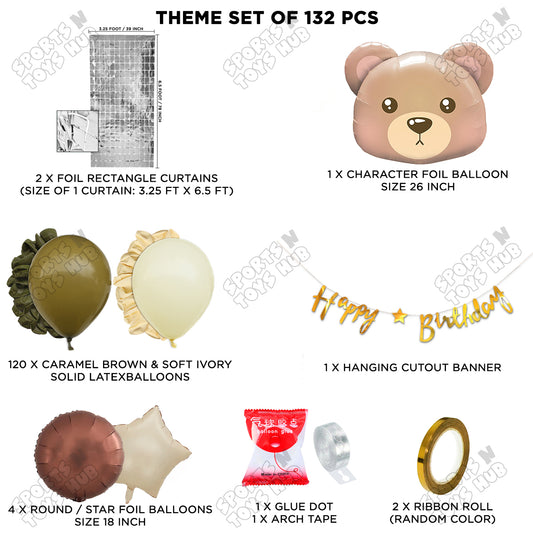 Bear Face Animal Character Foil Balloon Set With Happy Birthday Cursive Card Banner Arch Theme