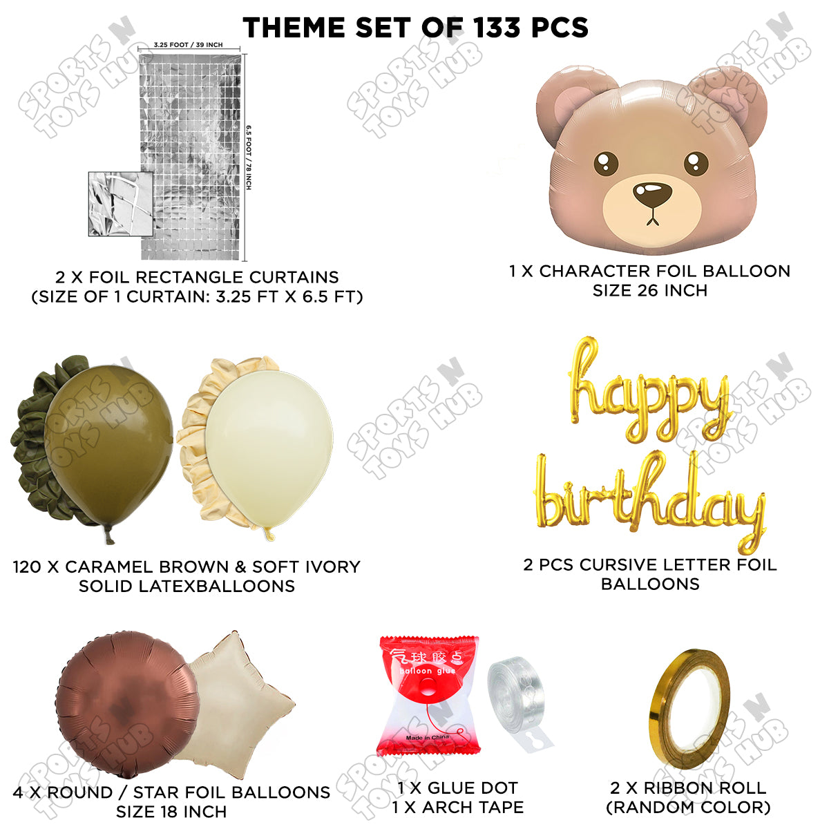 Bear Face Animal Character Foil Balloon Set With Happy Birthday Cursive Foil Letter Arch Theme