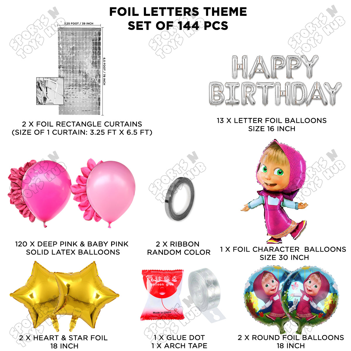 M@sha and The Bear Foil Balloon With Happy Birthday Foil Letter Arch Theme
