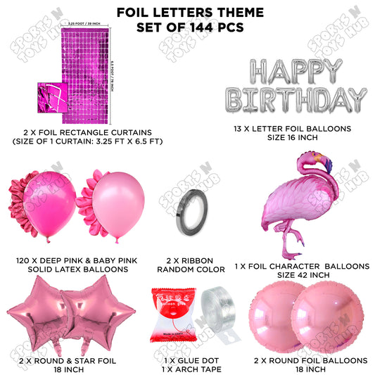 Flamingo Cartoon Character Bird Pink Color Foil Balloon Set With Happy Birthday Foil Letters Theme