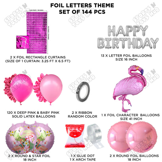 Flamingo Bird Pink Color Foil Balloon Set With Happy Birthday Foil Letters Theme