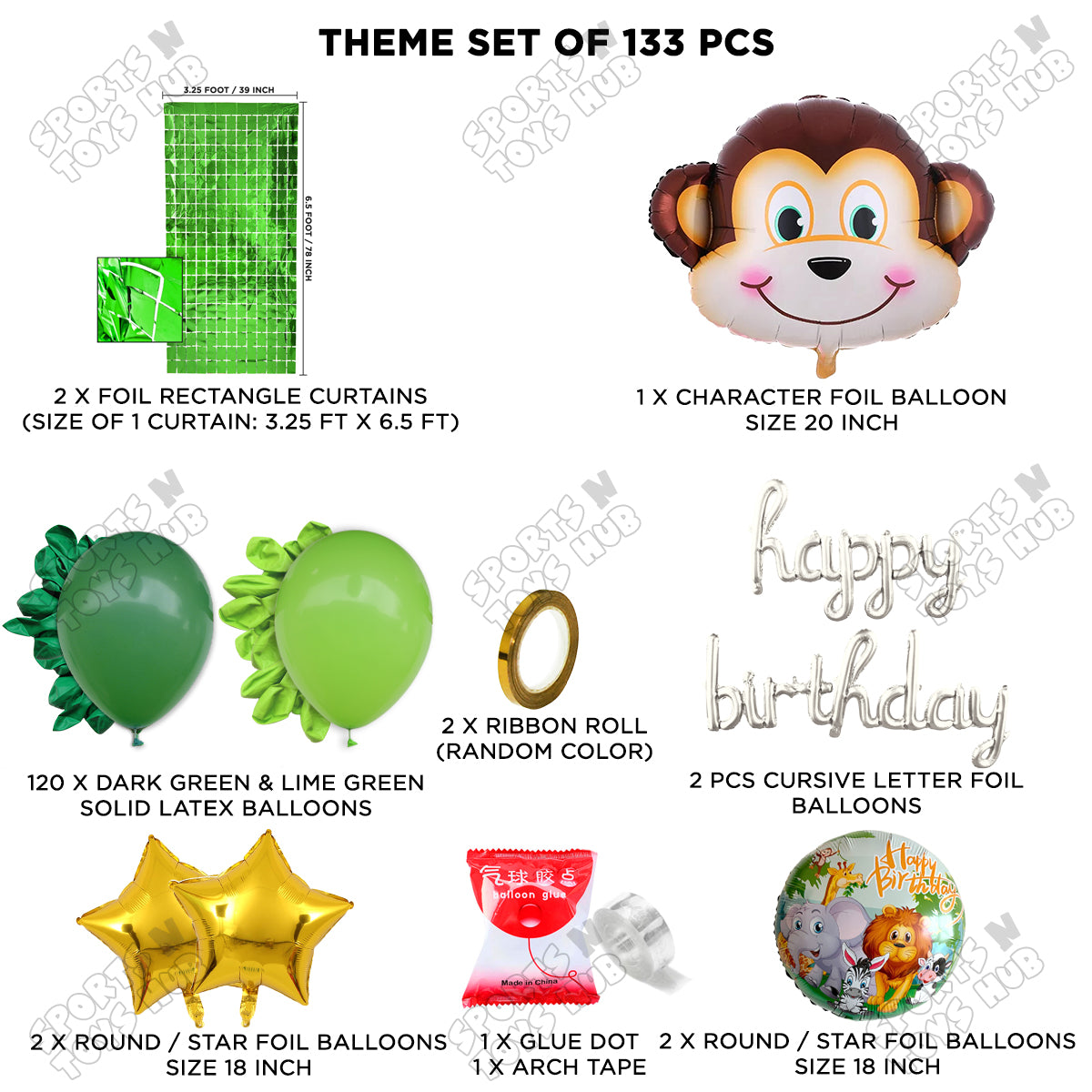 Jungle Safari Monkey Face Foil Balloon Set With Happy Birthday Cursive Foil Letter Arch Theme