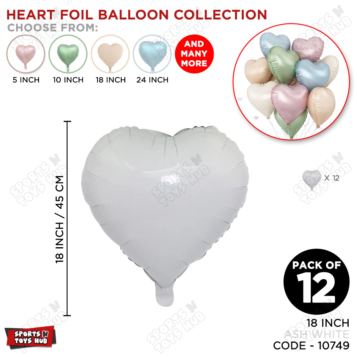 18 Inch - Retro Ash White Heart Foil Balloon