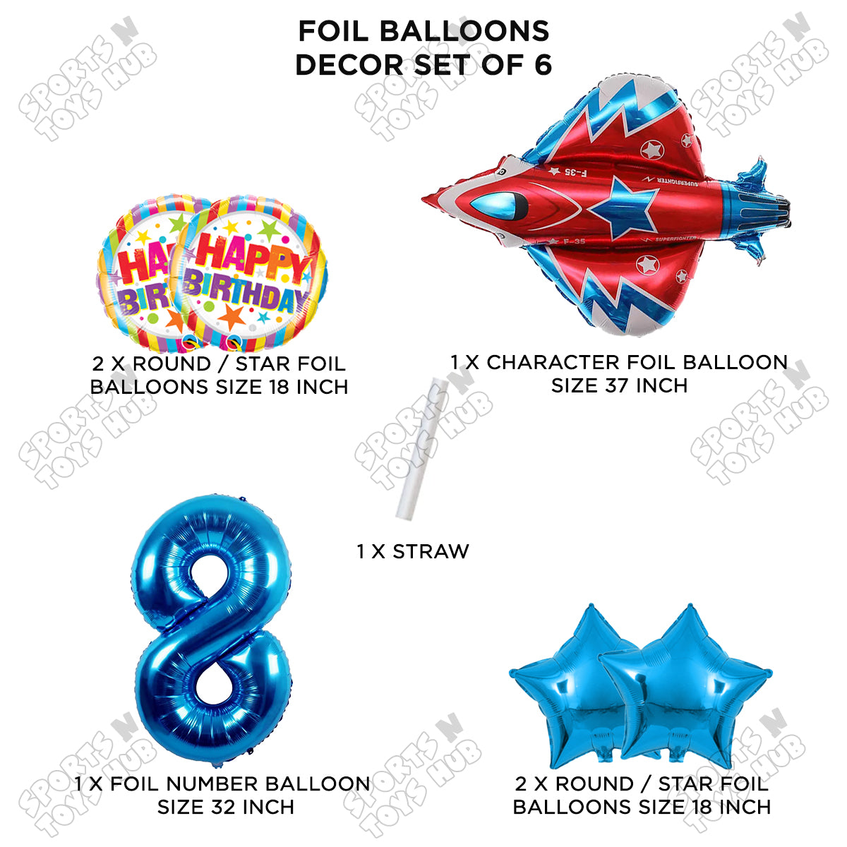 Air Force Aeroplane Foil Balloon Set With Number Collection - Pack Of 6