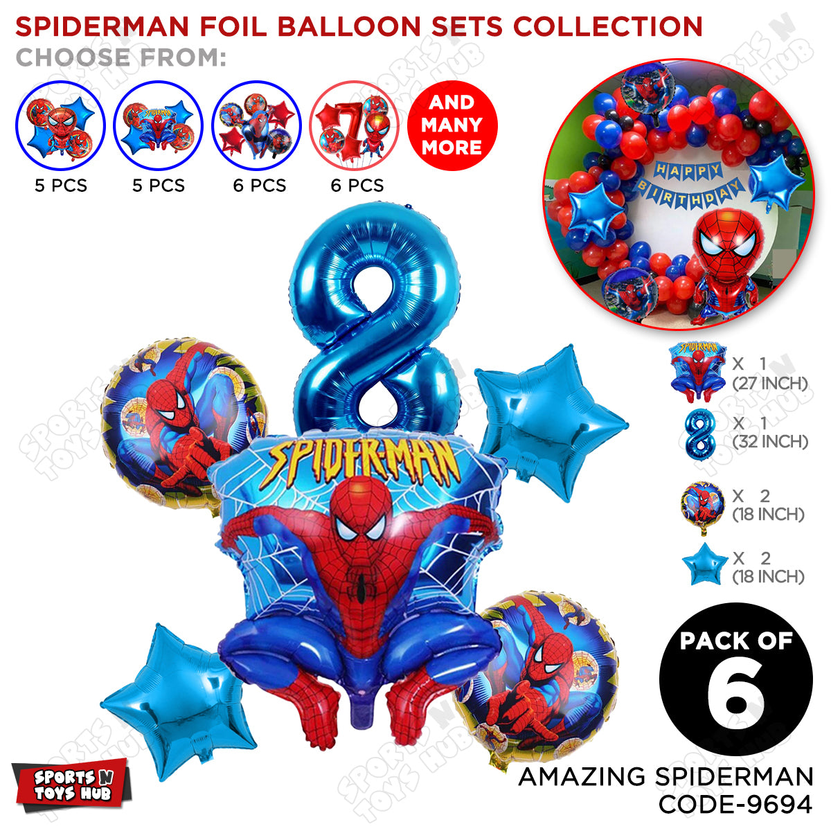 Amazing Spider M@n Foil Balloon Set With Number Collection - Pack Of 6