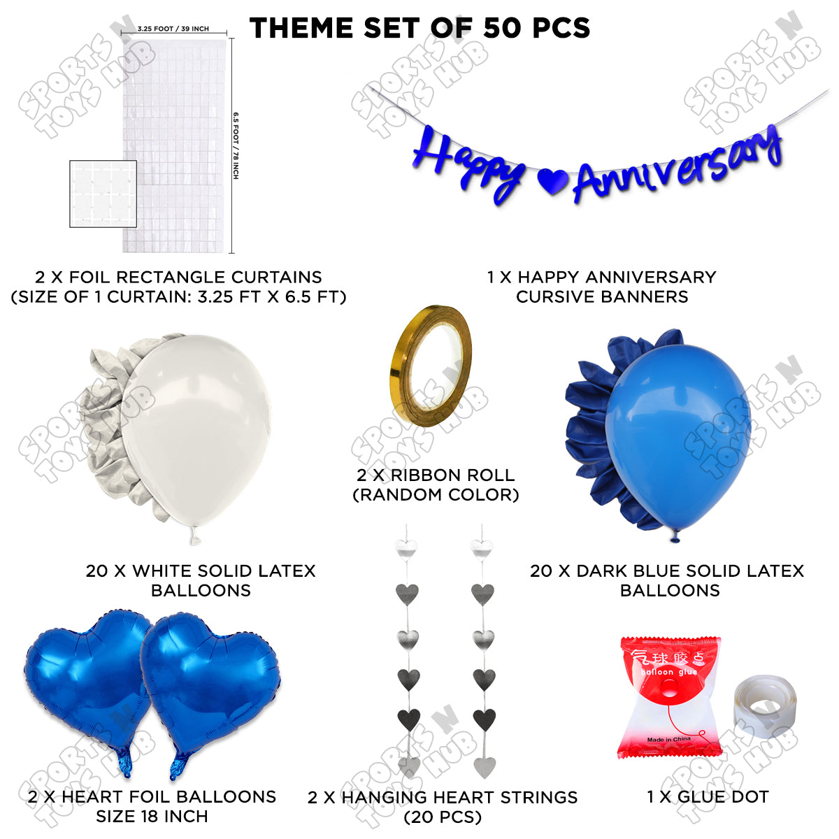 Happy Anniversary Blue Cursive Banner Rectangle Curtain Theme Collection