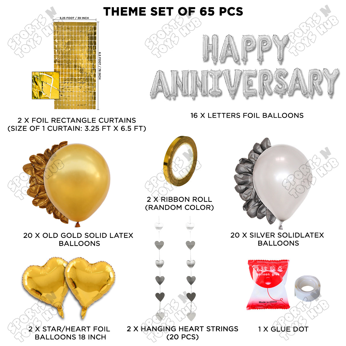 Happy Anniversary Silver Foil Letter Rectangle Curtain Theme Collection