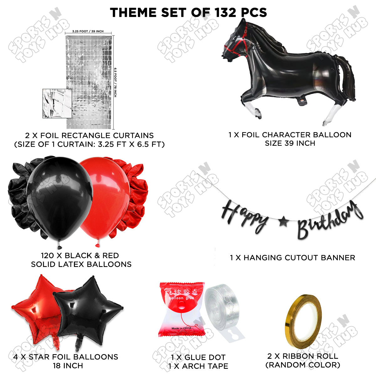 Cartoon Black Horse Theme Foil Balloon Set with Happy Birthday Cursive Card Banner Arch Theme