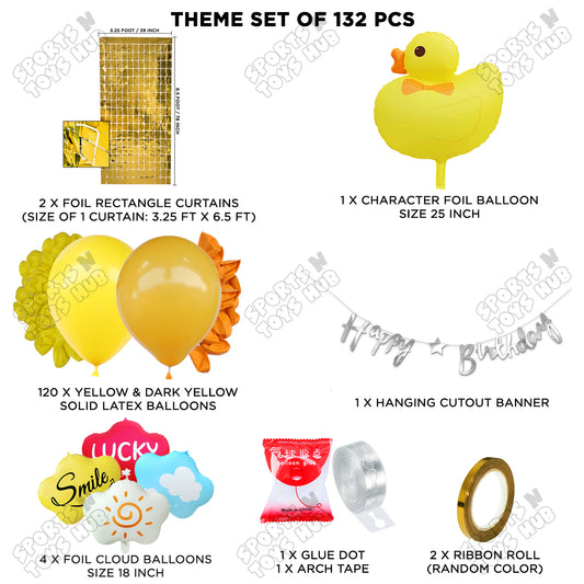 Cartoon Duck Character Theme Foil Balloon Set With Happy Birthday Cursive Card Banner Arch Theme