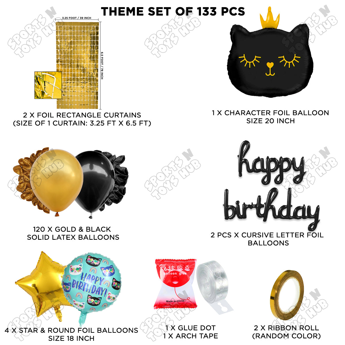 Cartoon Crown Black Kitten Cat Foil Balloon Set With Happy Birthday Cursive Foil Letter Arch Theme