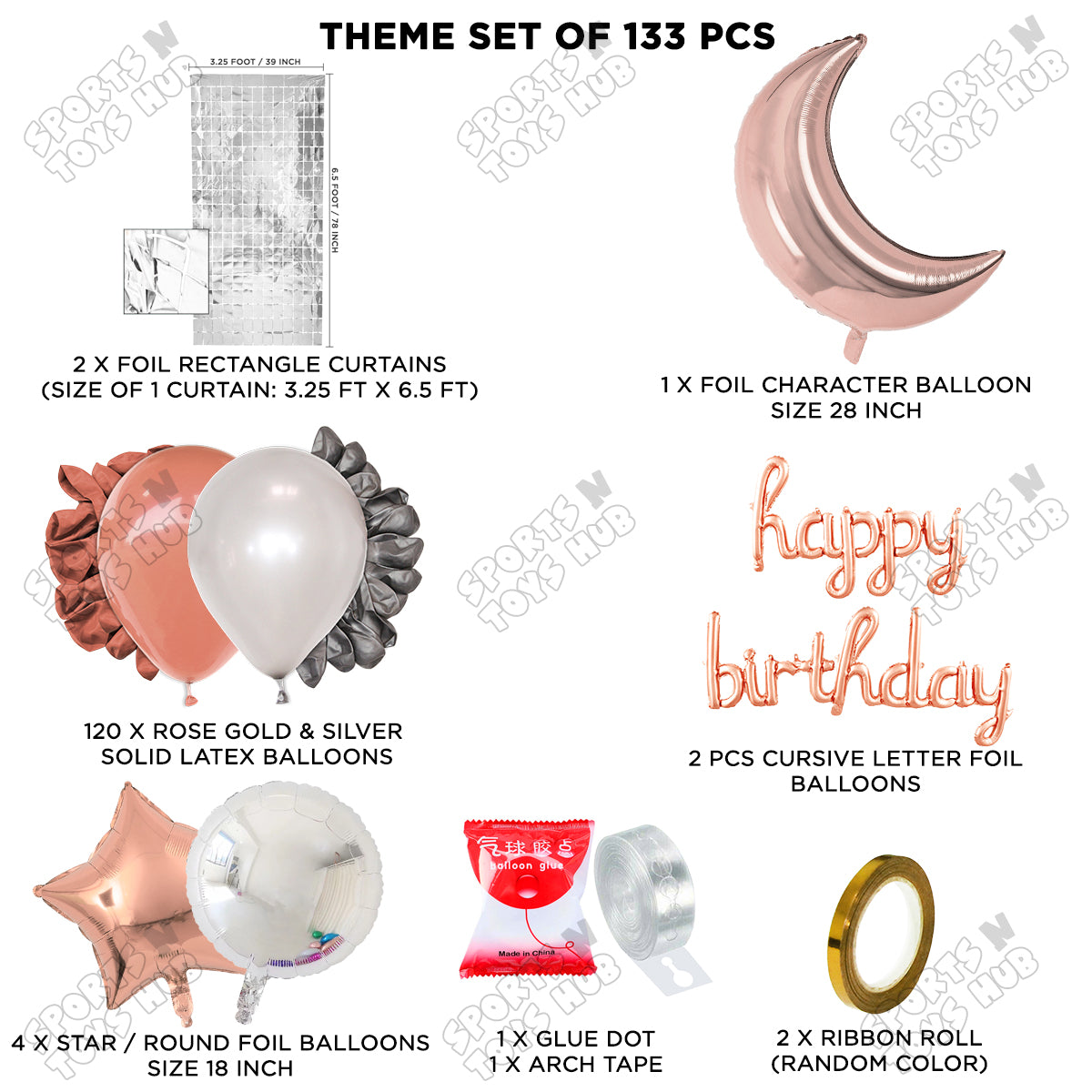 Crescent Moon Rosegold Color Foil Balloon Set With Happy Birthday Cursive Foil Letter Balloon Arch Theme