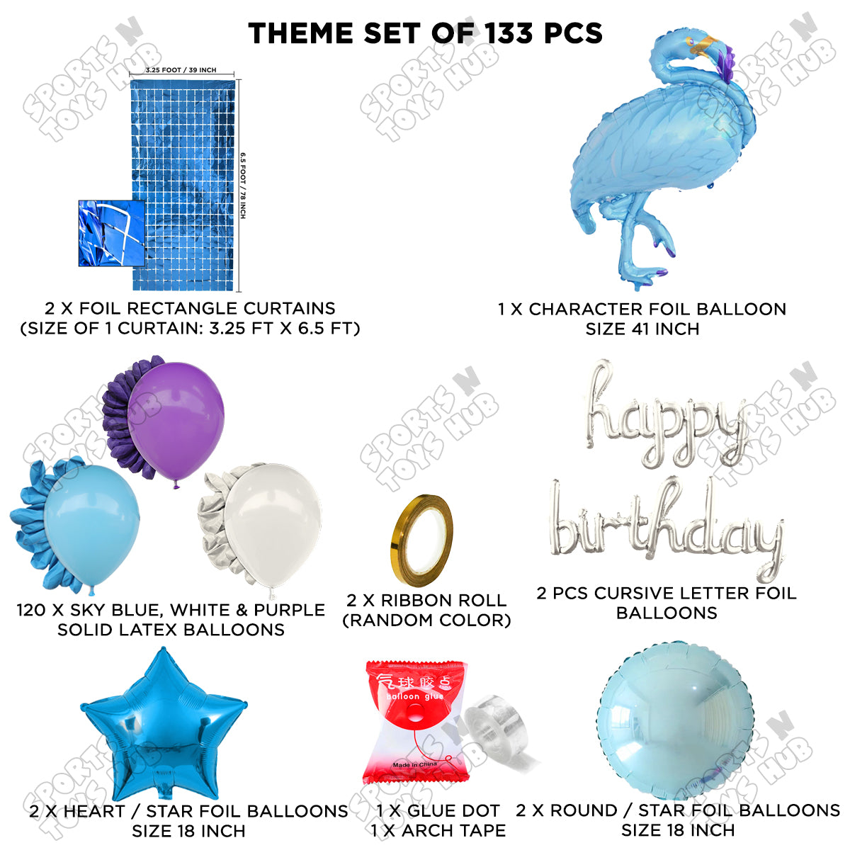 Flamingo Cartoon Character Bird Blue Color Foil Balloon Set With Happy Birthday Cursive Foil Letters Arch Theme